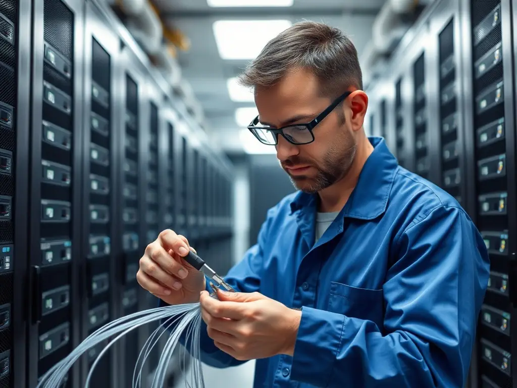 A realistic image of a technician working on a fiber optic cable splice in a data center, highlighting the precision and technical skill involved.