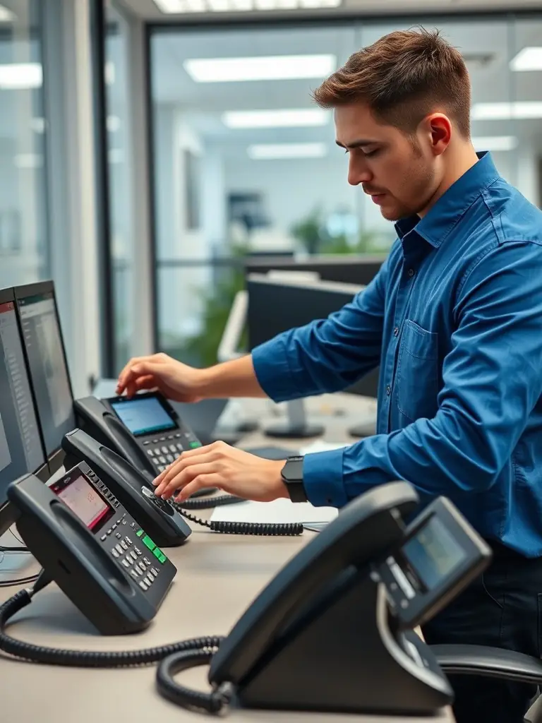 A technician configuring a VoIP phone system for a business client, demonstrating expertise in modern communication solutions.