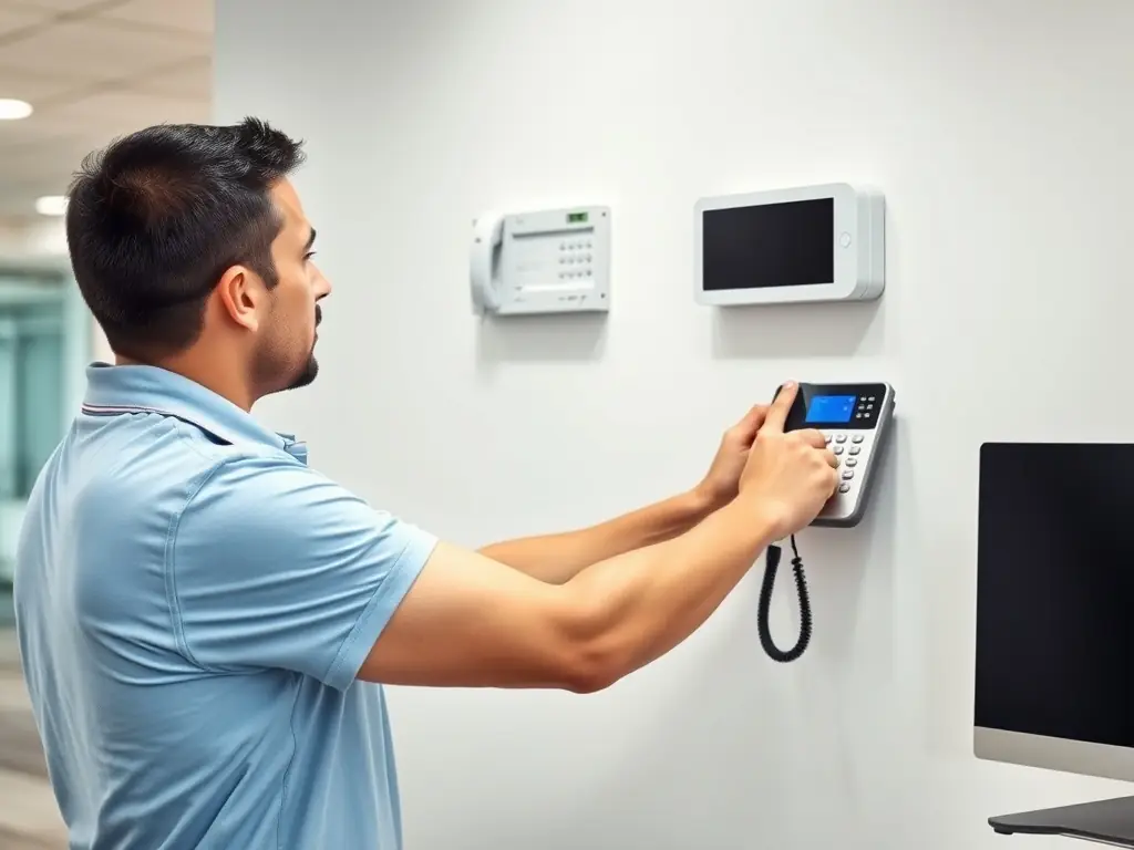 A technician installing a VoIP phone system in a modern office, demonstrating expertise in voice and data technologies.