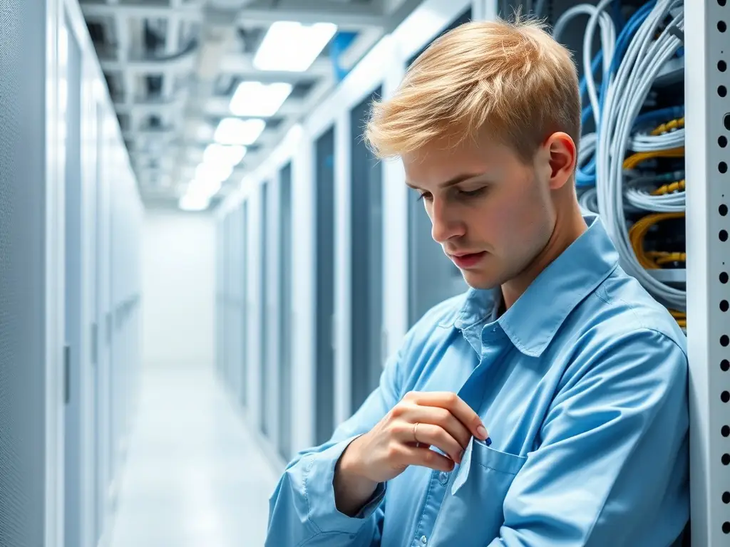 A technician working on a fiber optic cable splice in a clean, modern data center environment, showcasing precision and expertise.