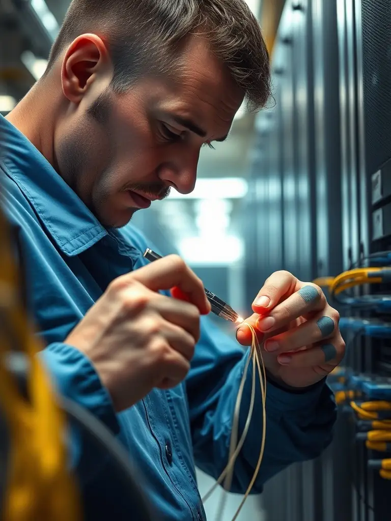 A technician splicing fiber optic cables with precision, highlighting the advanced technology and expertise involved.