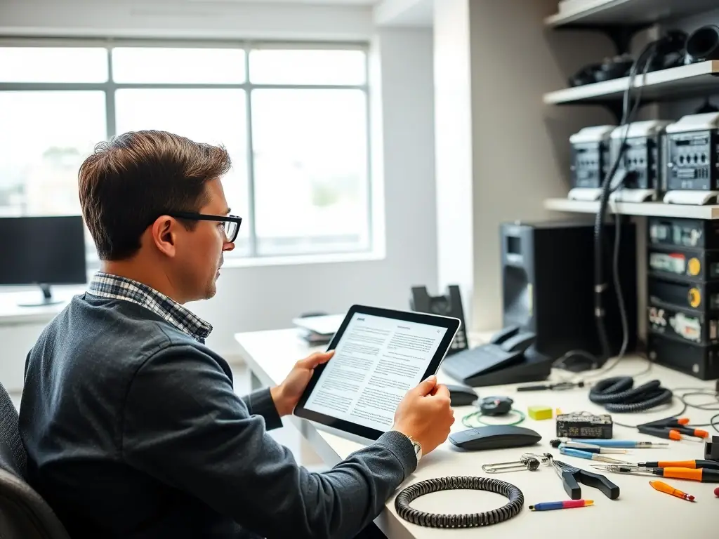 A professional, ultra-realistic image of a technician configuring a VoIP phone system in an office setting.