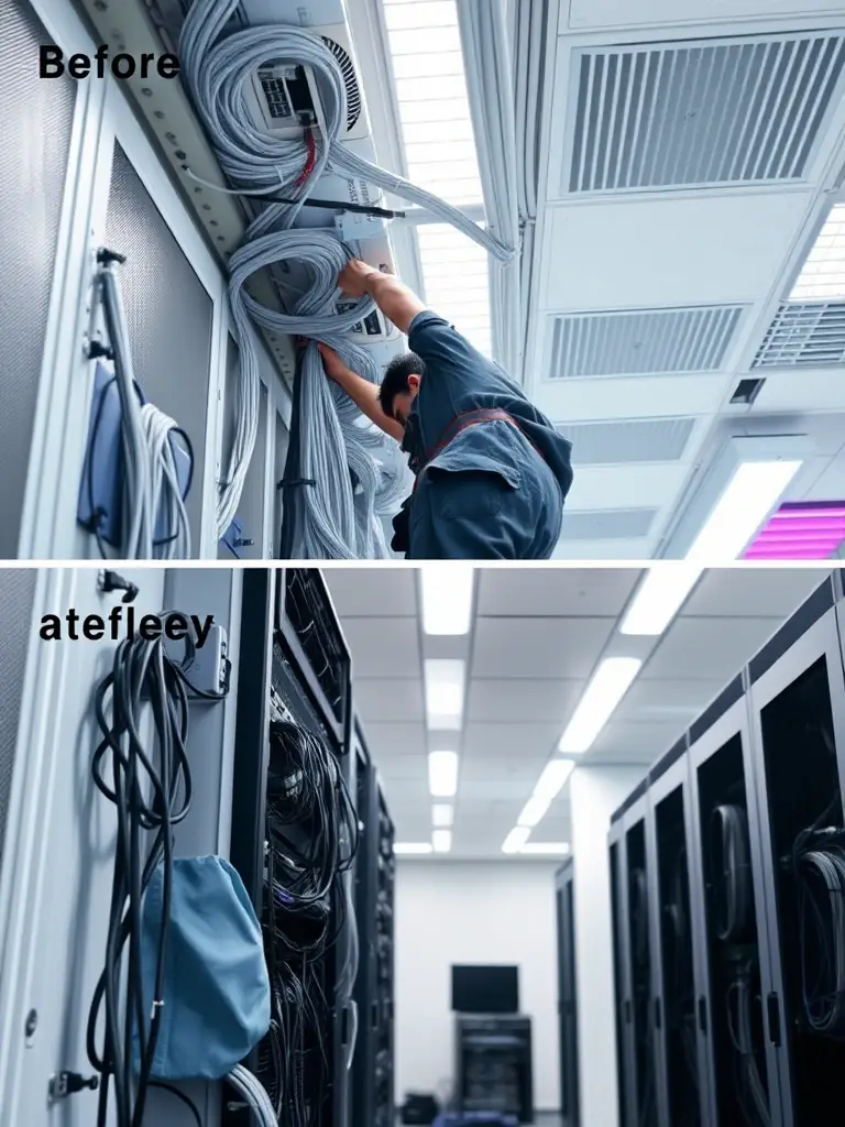 A technician installing structured cabling in a modern office environment, ensuring organized and efficient network infrastructure.