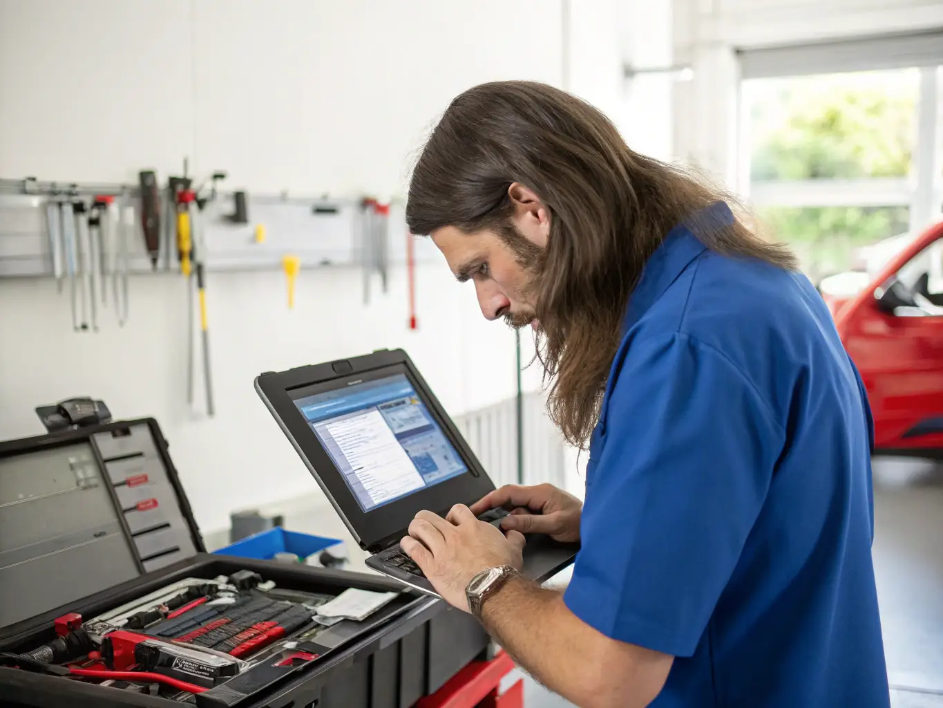 A technician using a laptop and diagnostic tools to troubleshoot network issues in a modern office environment, representing the opportunities available through WorkMarket.
