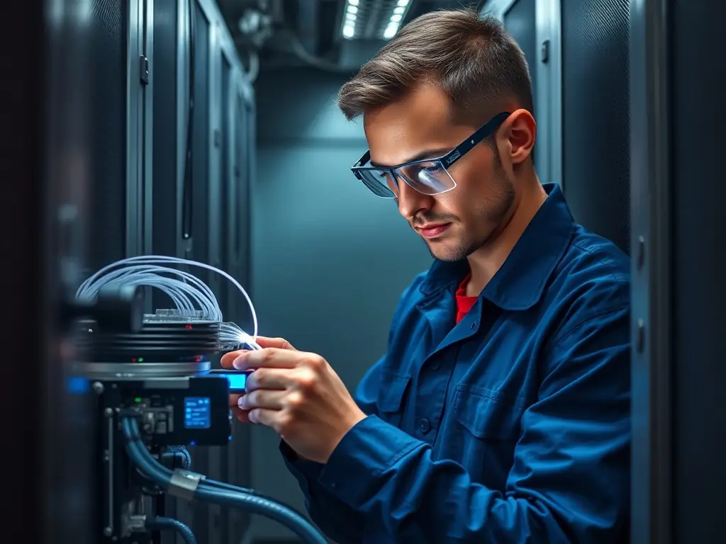 A high-quality, ultra-realistic image of fiber optic cables being spliced and tested by a technician in a data center.
