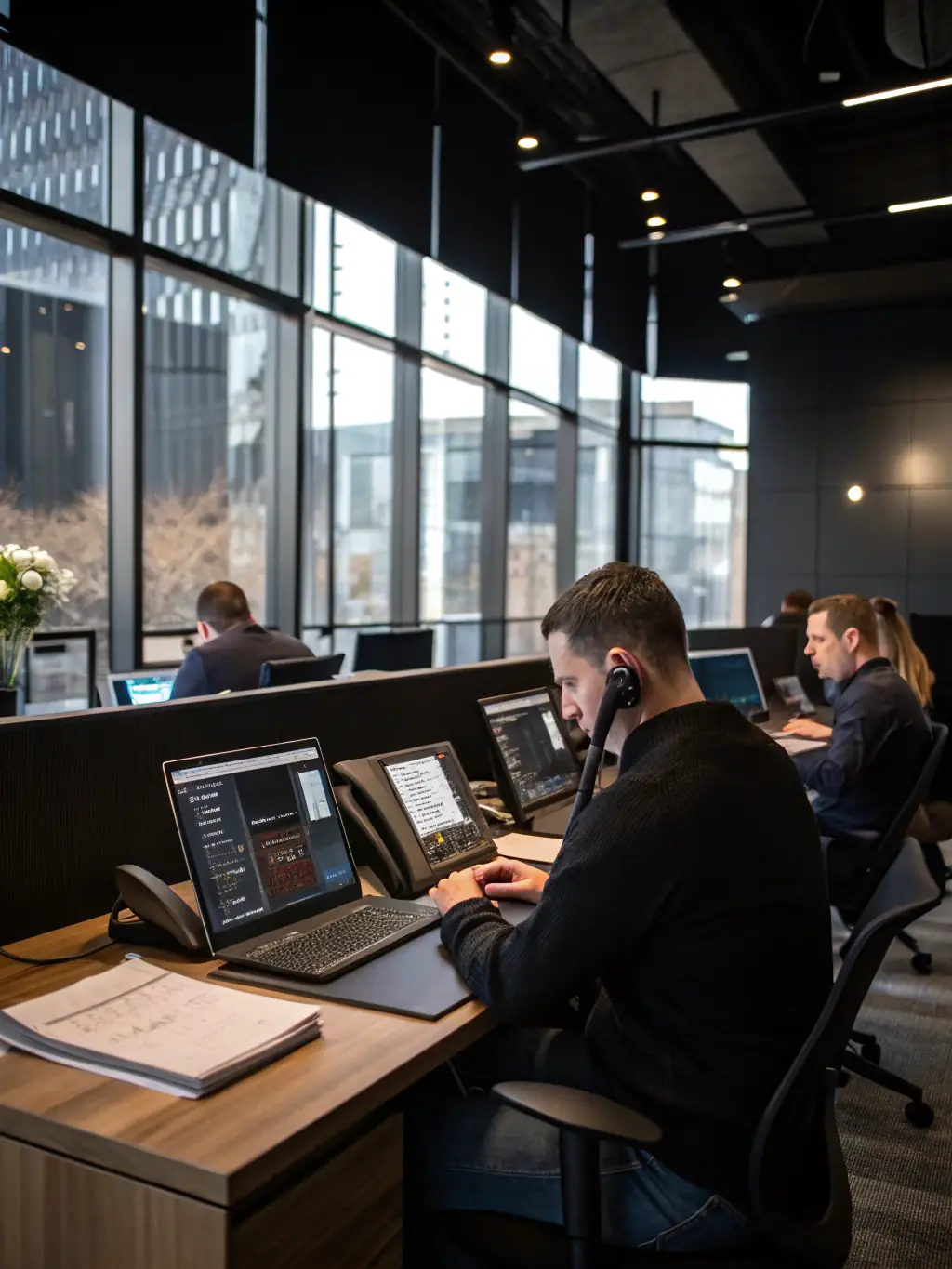 A modern office setting with VoIP phones in use, demonstrating clear and efficient communication.