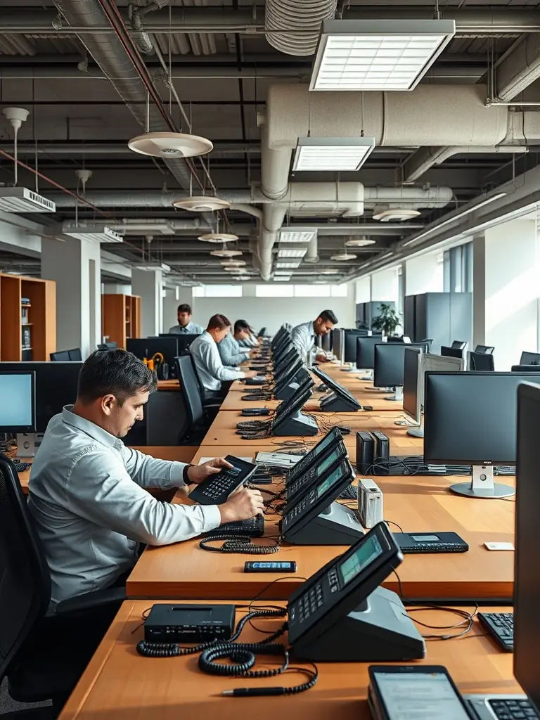 A technician installing a VoIP phone system in a modern office environment, showcasing the clarity and efficiency of Voice Data Techs' VoIP support.