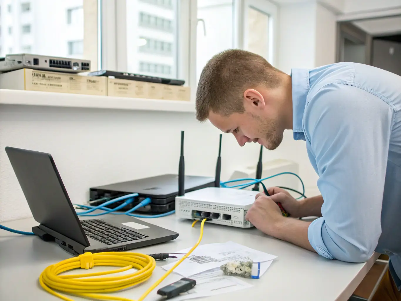 A technician troubleshooting network issues with a laptop, emphasizing the importance of network support skills.