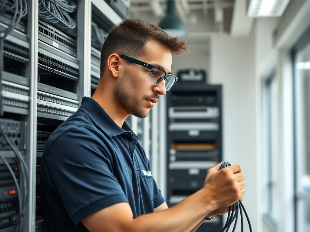 A professional photograph of a technician configuring VoIP phone systems in a modern office, demonstrating the company's expertise in communication solutions.