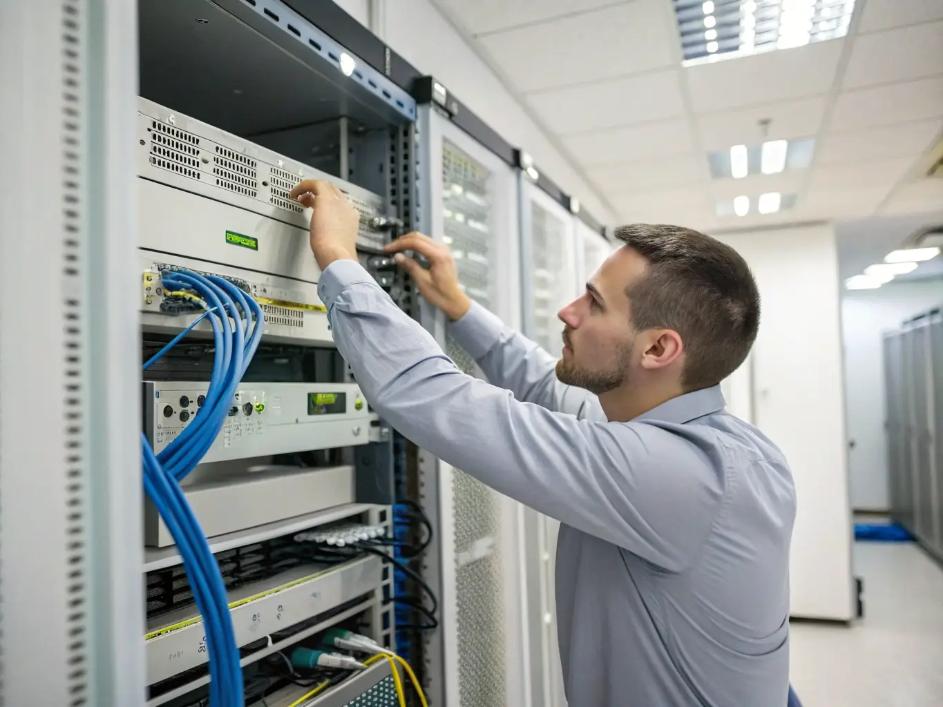 A technician installing a network cable in a server room, highlighting the types of jobs available on Field Nation.