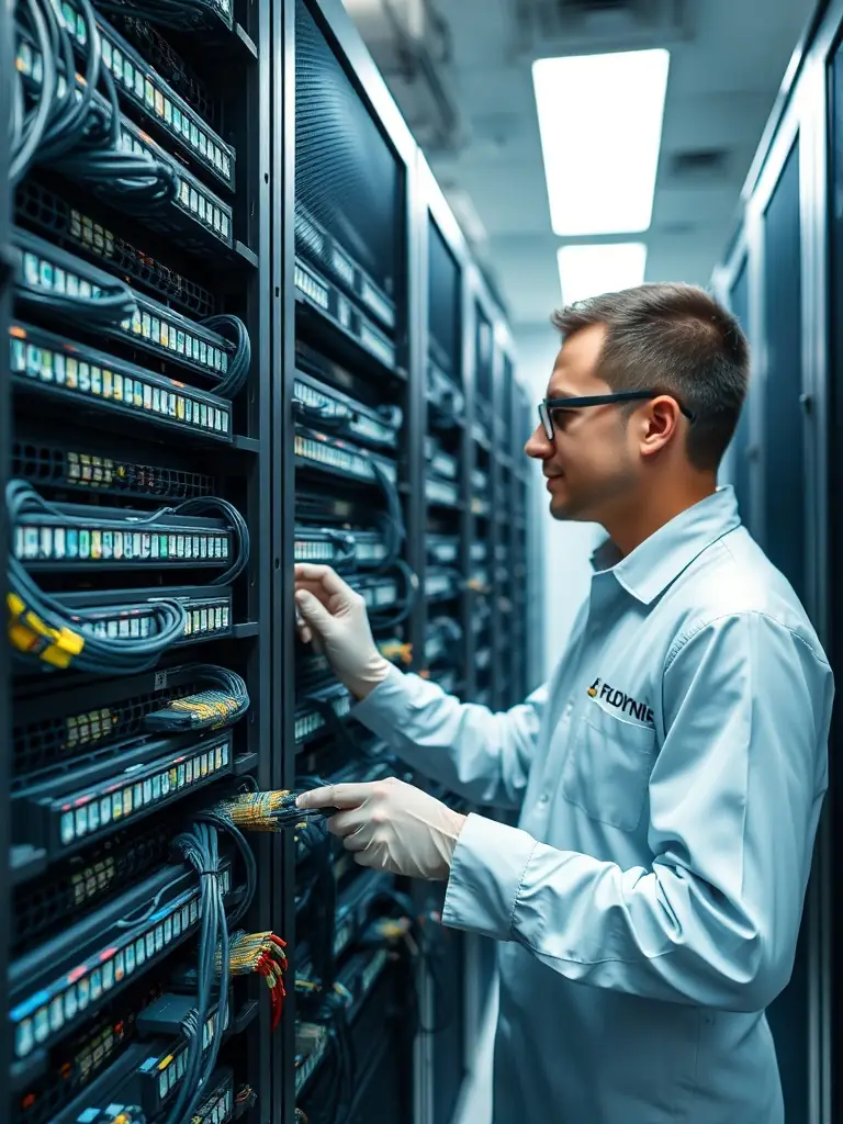 A close-up shot of structured cabling being installed in a server room, showcasing neat and organized cable management.