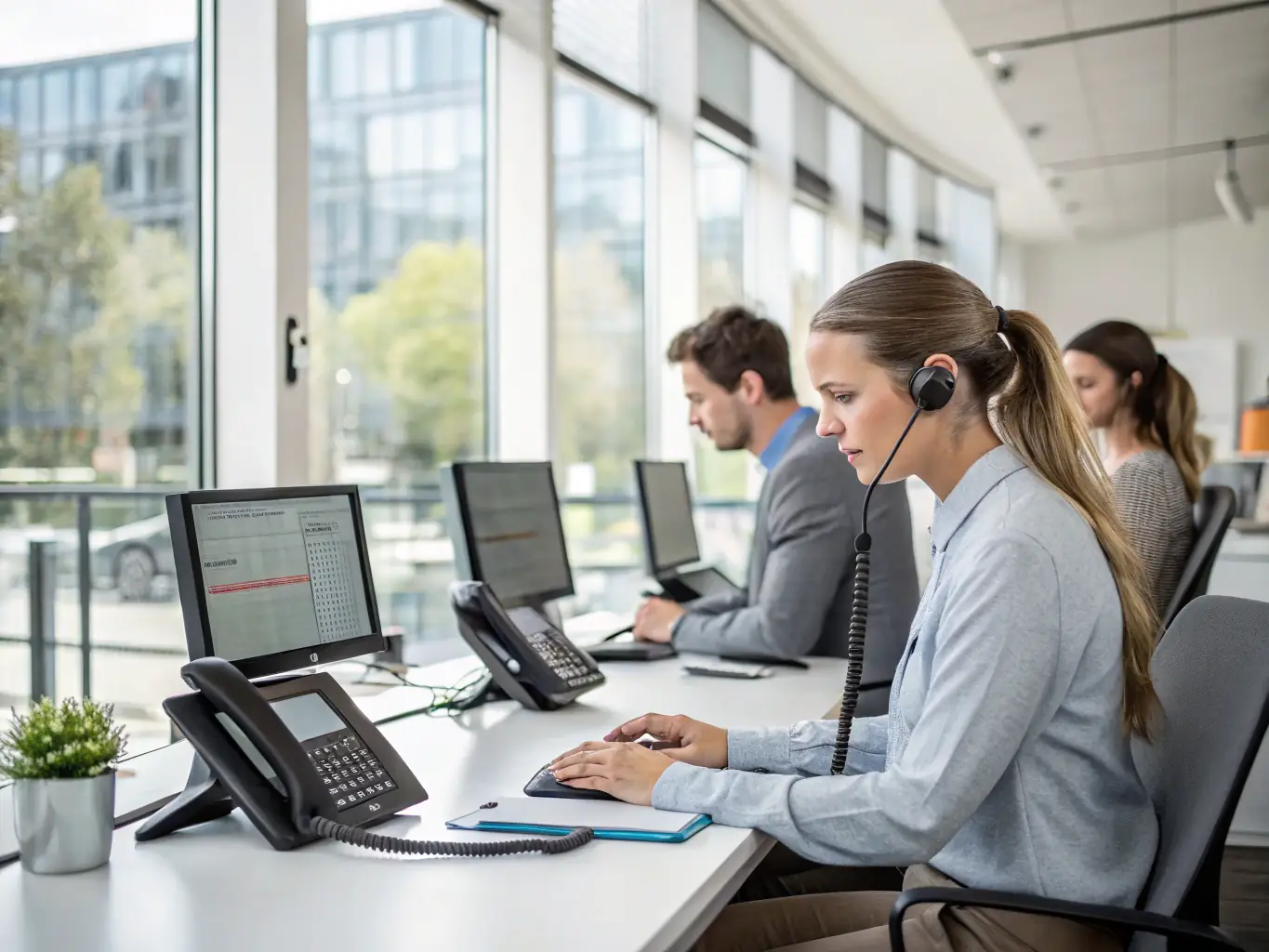 An ultra-realistic image of a modern office with employees using VoIP phones, showcasing clear communication and efficient teamwork.