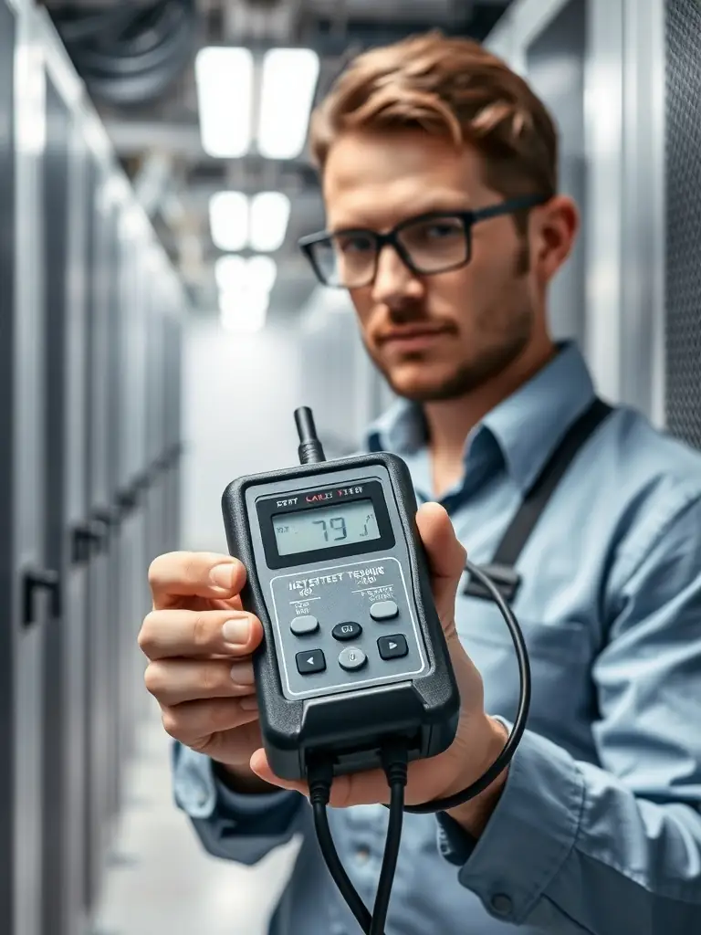 A technician using a cable tester to verify the integrity of a newly installed network cable, ensuring optimal performance.