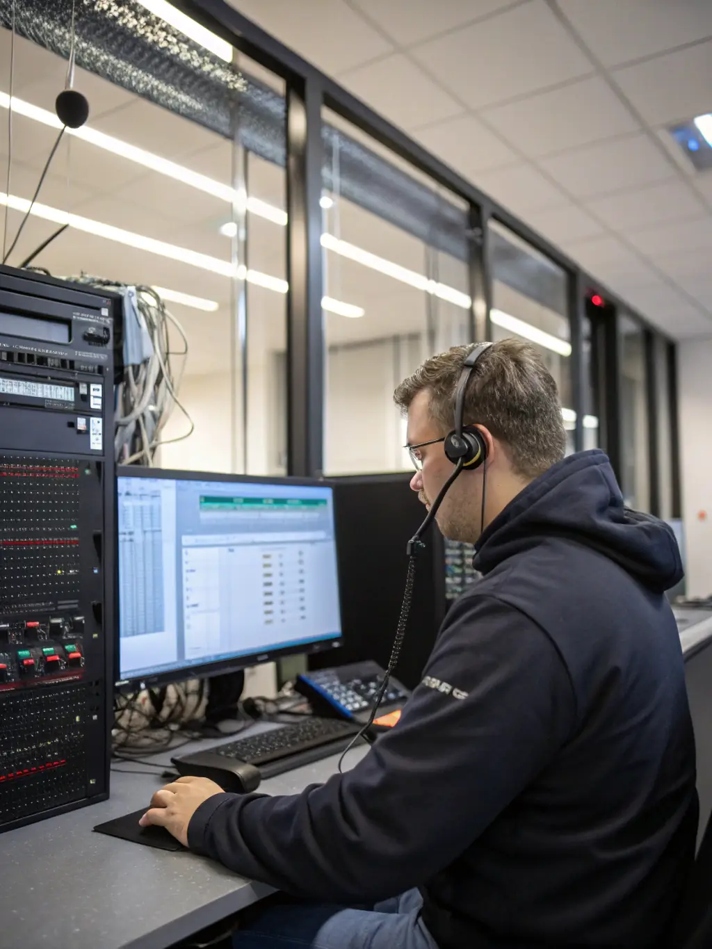 A technician configuring a VoIP phone system in an office setting, demonstrating the ease of use and advanced features of VoIP.