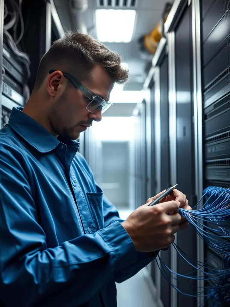 A close-up shot of a technician's hands expertly connecting fiber optic cables in a server room, showcasing precision and skill.