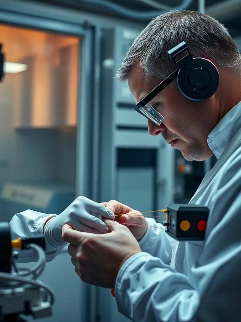 Fiber optic cables being spliced and tested by a technician, emphasizing the high-speed and reliable nature of Voice Data Techs' fiber optic services.