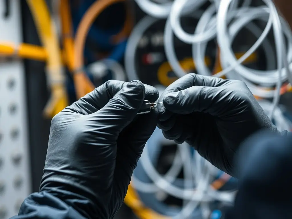 A close-up, ultra-realistic image of fiber optic cables being spliced and tested by a technician in a data center.