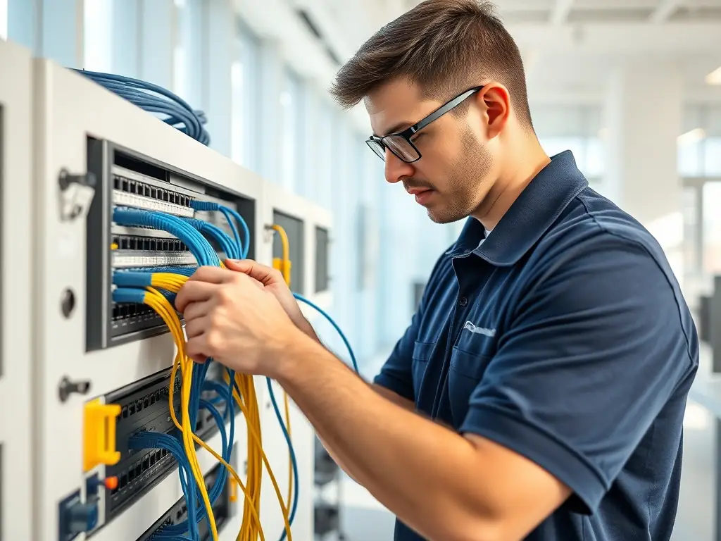 A high-quality photograph of a technician expertly installing a complex network cabling system in a modern office environment, showcasing precision and professionalism.