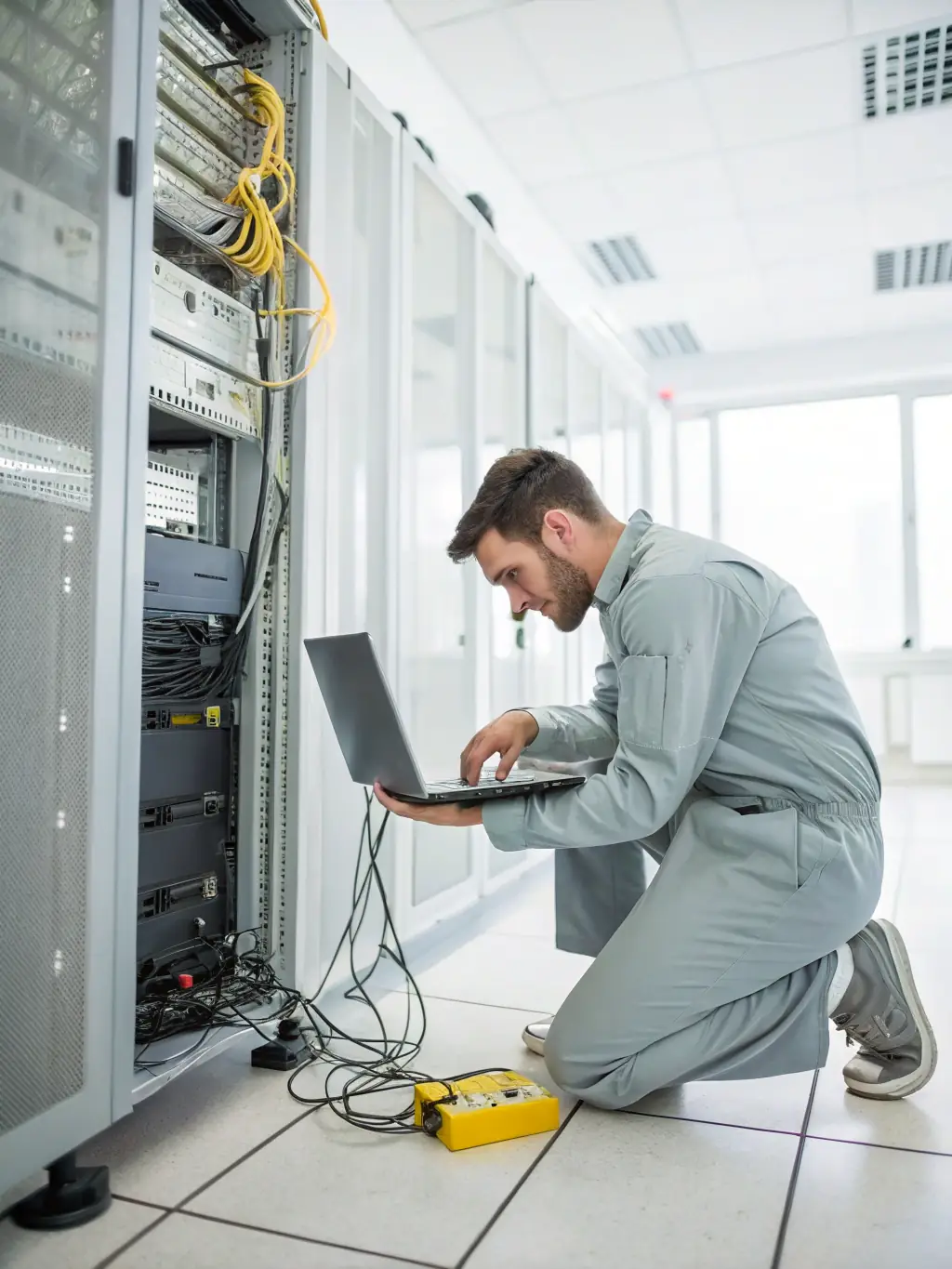 A technician providing on-site network support to a business client, resolving connectivity issues and ensuring smooth operations.