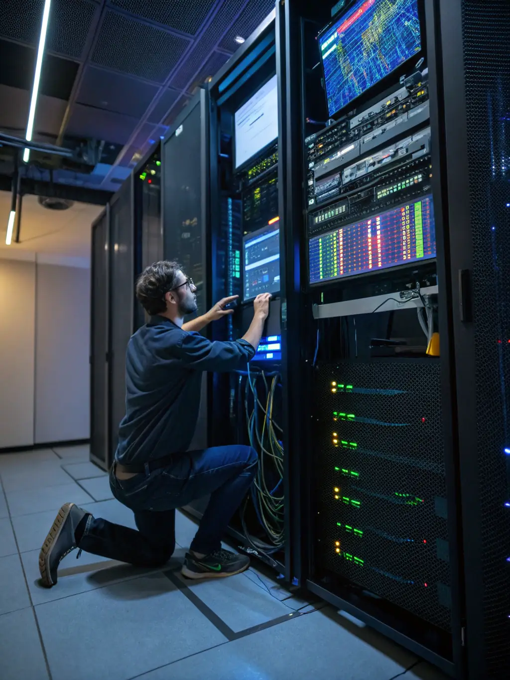A technician configuring network hardware in a data center, demonstrating Voice Data Techs' expertise in network installations and maintenance.