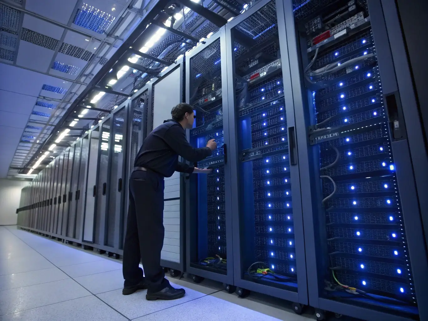 A technician installing fiber optic cables in a data center, showcasing precision and expertise.
