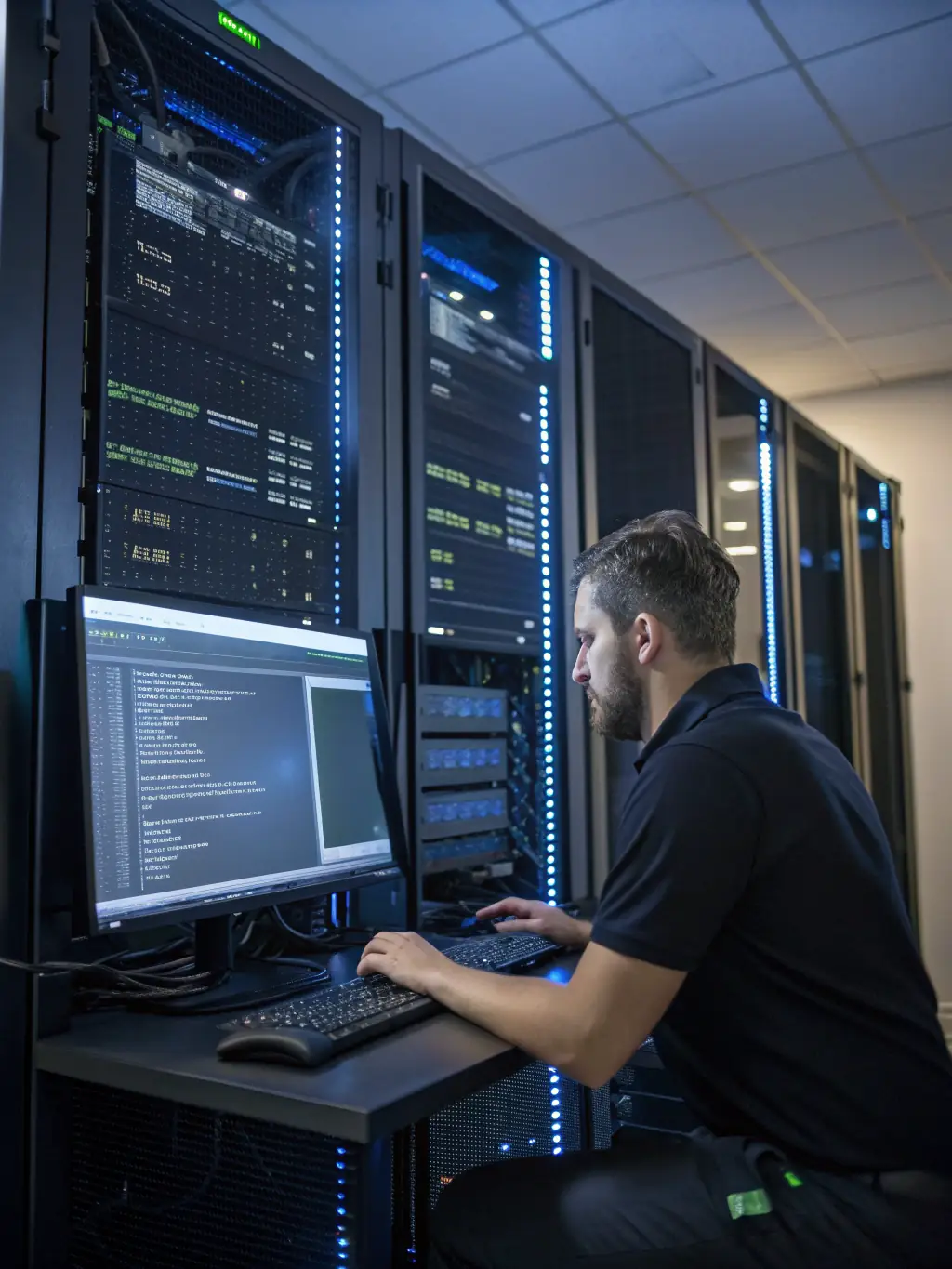 A technician troubleshooting a network issue on a server, emphasizing proactive and reliable network support.