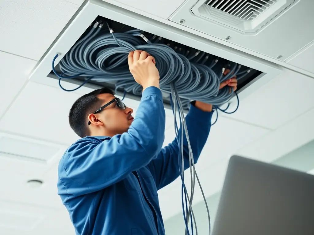 A detailed, ultra-realistic image of structured cabling being installed in a modern office environment, showcasing organized and efficient cable management.