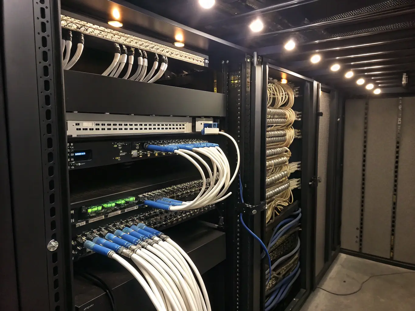 A high-resolution, ultra-realistic image of structured cabling being installed in a modern office environment, showcasing organized and efficient cable management.